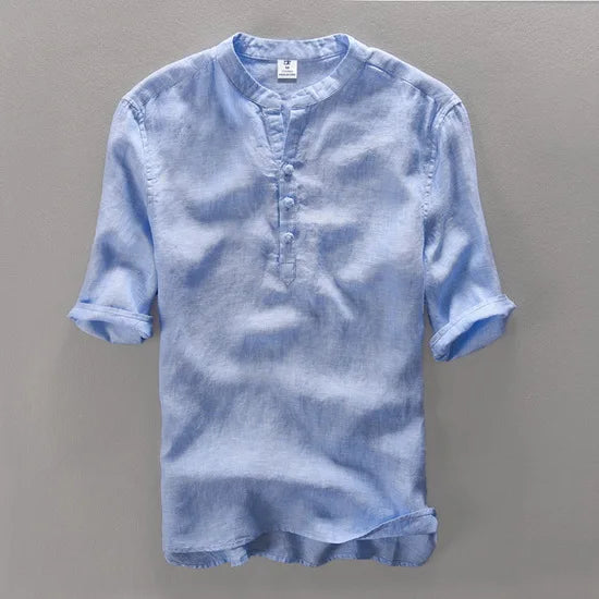 New design brand clothing 100% Linen Men shirt Casual shirts for men short sleeve stand collar top mens camisa masculina chemise