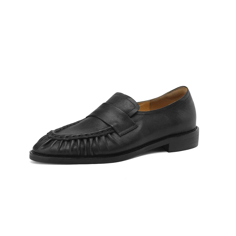 Women Shoes Spring Simple Shoes Soft Flats Slip On Girl Pleated Footwear Handmade Round Toe Genuine Leather Cozy Vintage Shoes