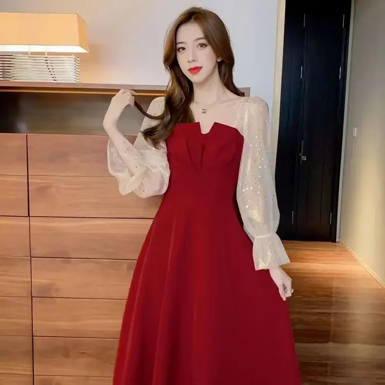 Red Dresses For Women Party Korean Style Elegant Luxury Elastic On Sales Full High Quality Prom Evening Woman Long Sleeve Dress