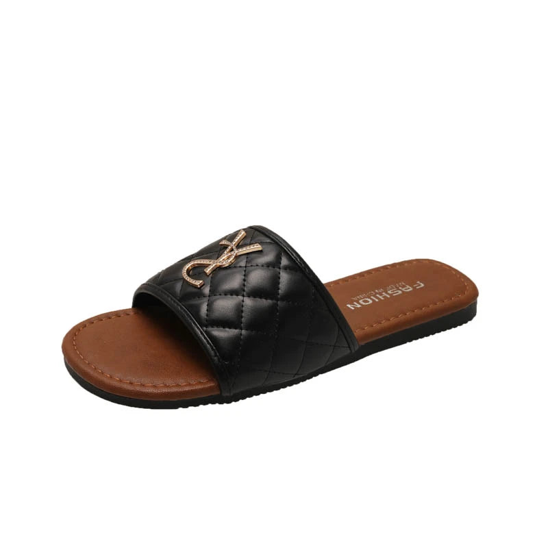 New Women's Sandals Recreational Design Summer Flat Slippers Fashion Outdoor Non-slip Metal Decorative Slippers Zapatos De Mujer
