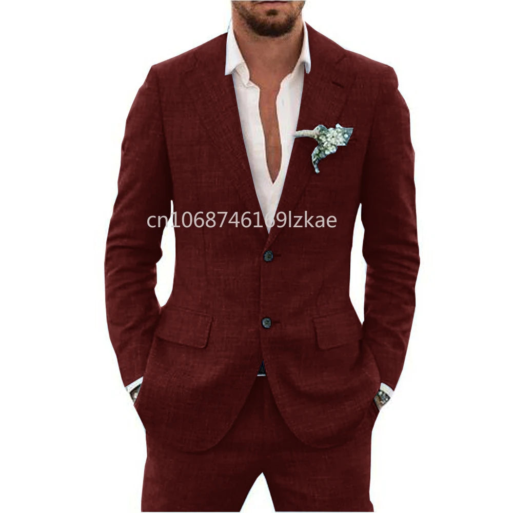 2024 Linen Suiting Fabric Full Men's Suit Lapel Collar Single-breasted 2 Piece Set Elegant Man Suits High Quality Blazer