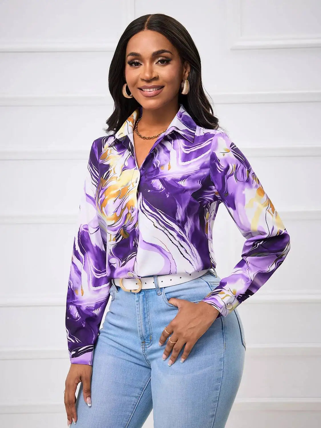 Women's Blouse Spring Summer Purple Gold Marble Print Collar Front Button Long Sleeve Satin Luxury Elegant Daily Office Top