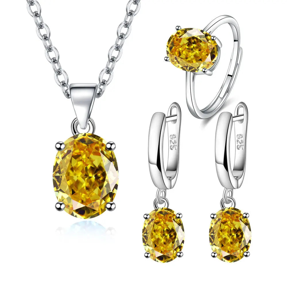 925 Sterling Silver Jewelry Sets For Women Ellipse Zircon Ring Necklace Earrings Luxury Accessories Gifts