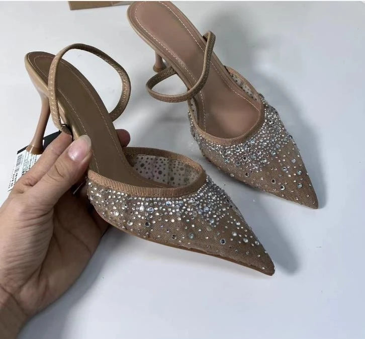 2025 Women's High Heeled Sandals Transparent Pointed Toe Elegant Ladies Fashion Shoes Pearl Decoration Slingback Sandal Size 42