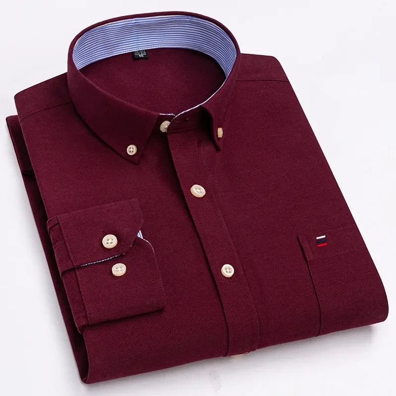 Men's 100% Cotton Smart Casual Shirt Long Sleeve Plaid Oxford Casual Solid Color Print Regular Fit Dress Shirt Oversized 6XL