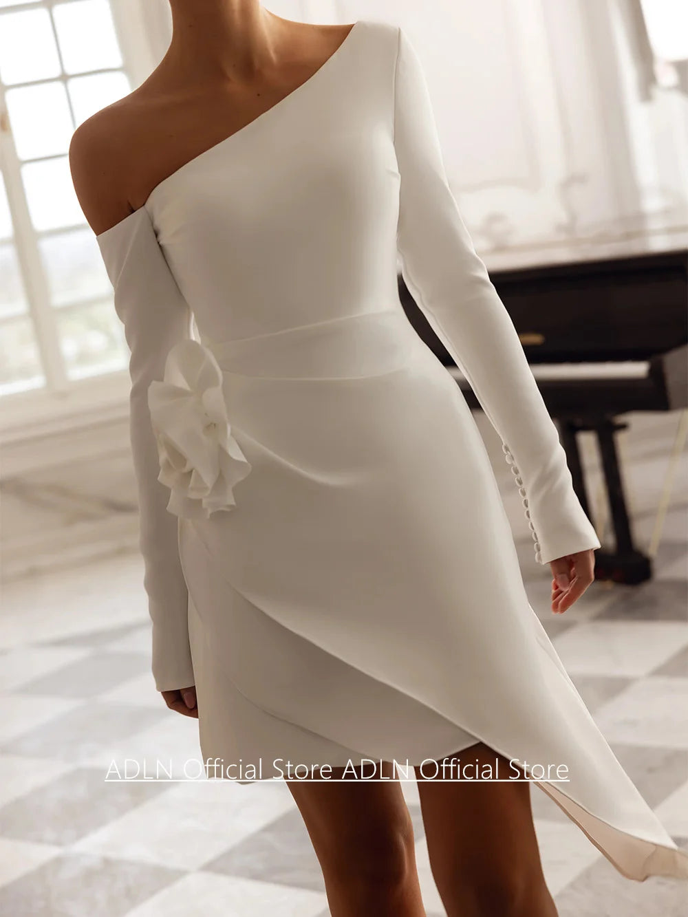 Sexy Short Wedding Dress Bridal Gown Customized One Shoulder Long Sleeves Flower Mini Little White Gown Bride Dresses