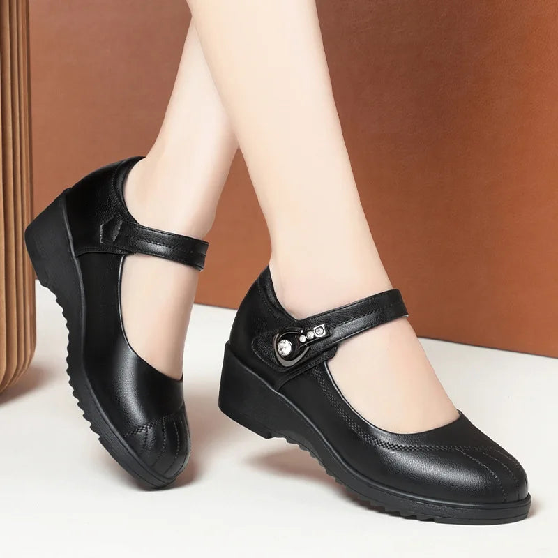 Women's Wedge Anti-slip Ankle Strap Casual Office Comfortable Soft Leather Shallow Mouth Mom Shoes Middle-aged Elderly