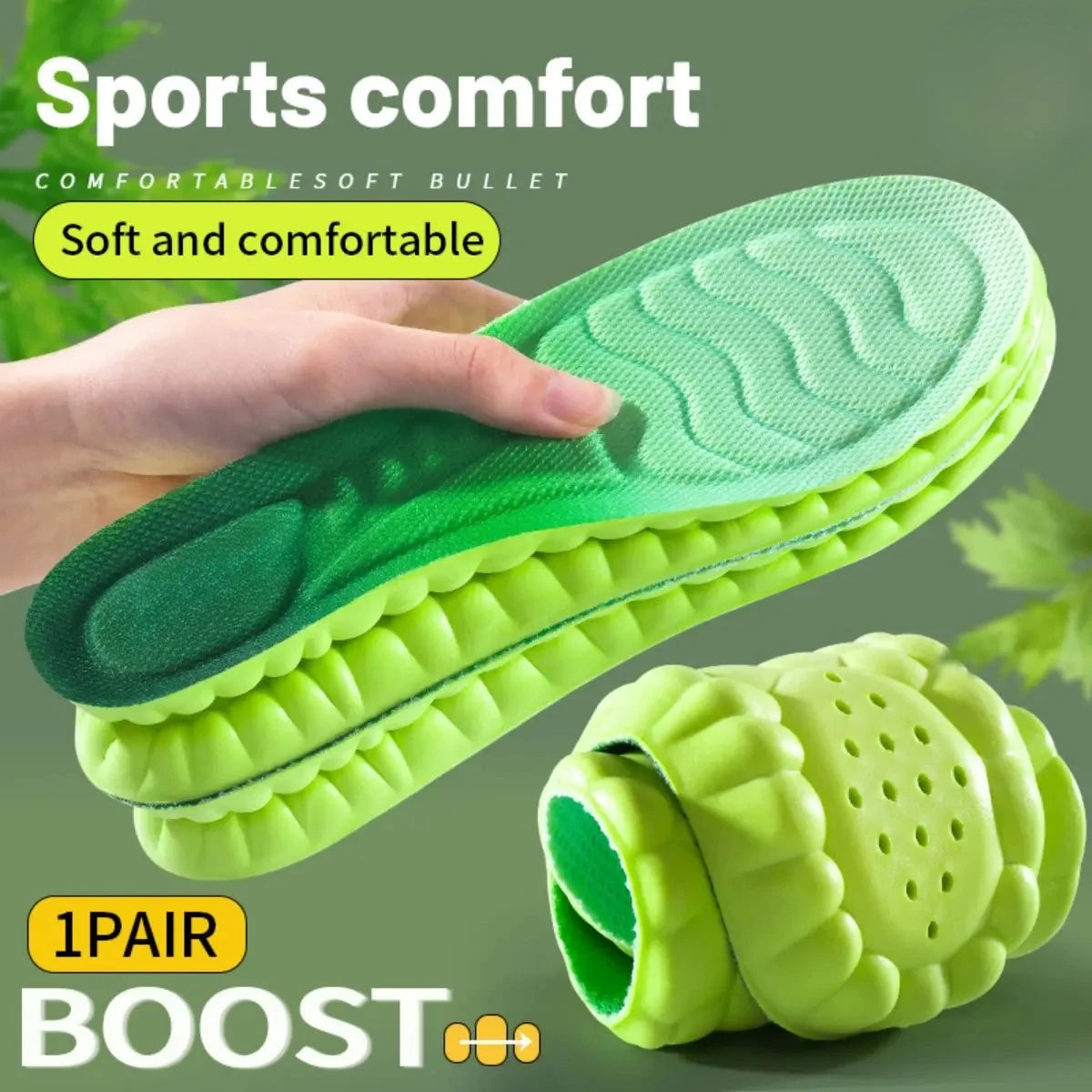 1Pair Sport Insoles PU High Stretch Shock Resistant Antibacterial Anti-odorant Breathable Insoles Comfortable for Shoes Cushion