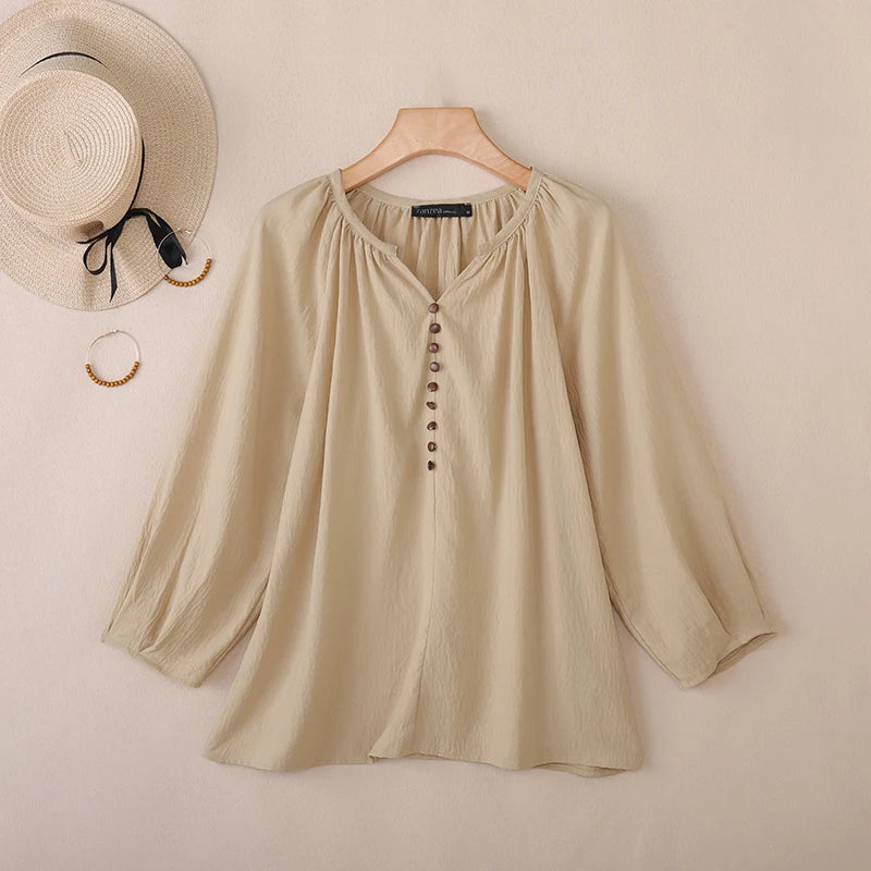 Women Blouse ZANZEA 2026 Spring Summer Shirt Casual V-Neck 3/4 Sleeve Solid Tops Female Mujer Elegant OL Work Blouses Oversize