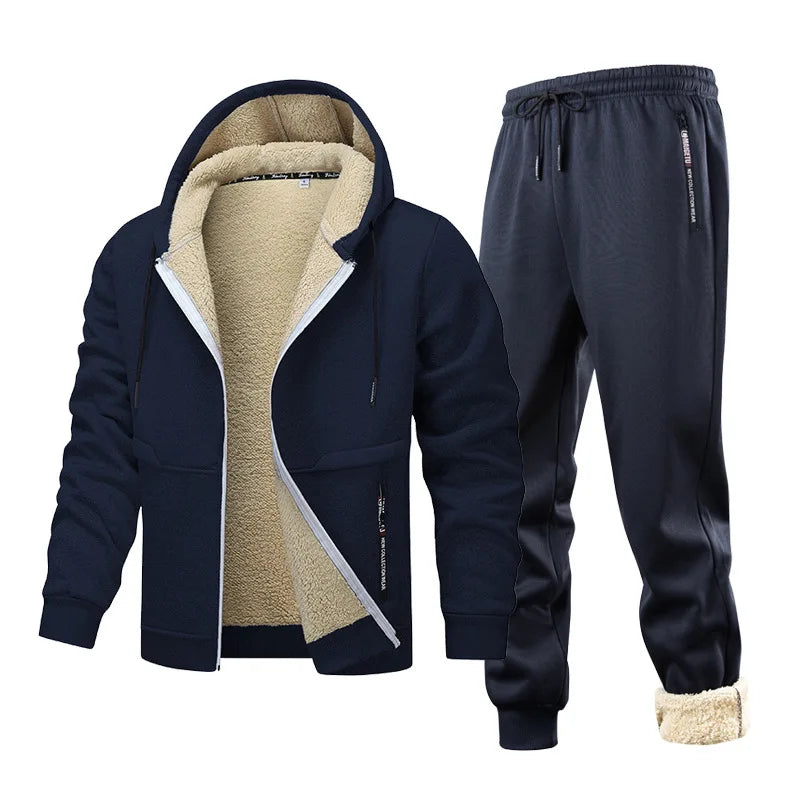 Men's Fleece Tracksuit Set Hooded Jacket + Pants Winter Warm Sherpa Lining Sports Suit Casual Outfit Eurban Style Workout Set