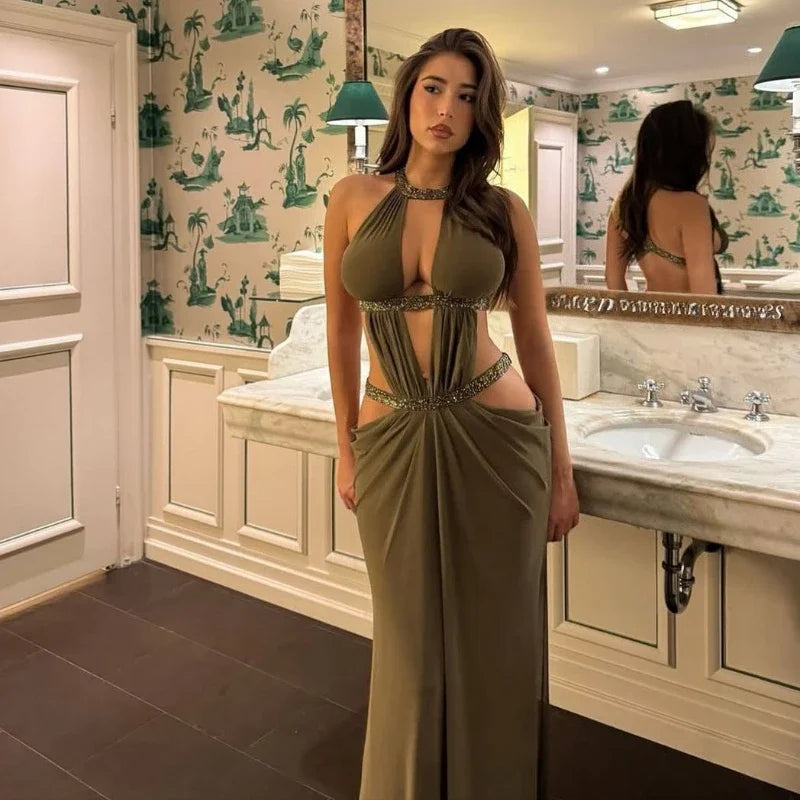 Women Sexy Backless Sequin Halter Dress Sleeveless Off Shoulder Hollow Out Pleated Maxi Dresses 2026 Lady Evening Party Gowns