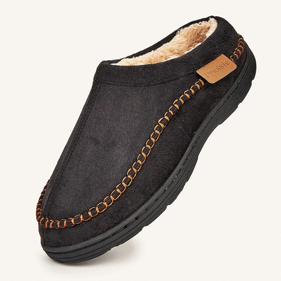 Pmoiste Soft Faux Suede House Slippers Men Comfortable Warm Cushion Designer Mark Line Living Room Shoes Slip-on Winter Indoor