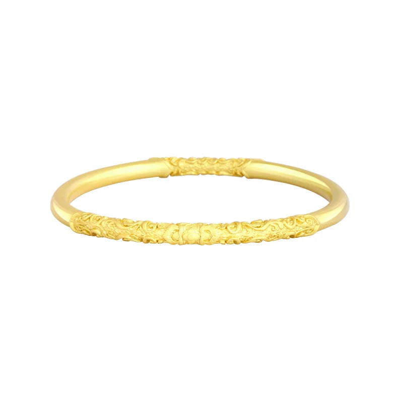 Retro Chinese Gold-plated Brass Bangle for Women Ancient Hand Craving Traditional Auspicious Patterns Luxury Jewelry Couple Gift