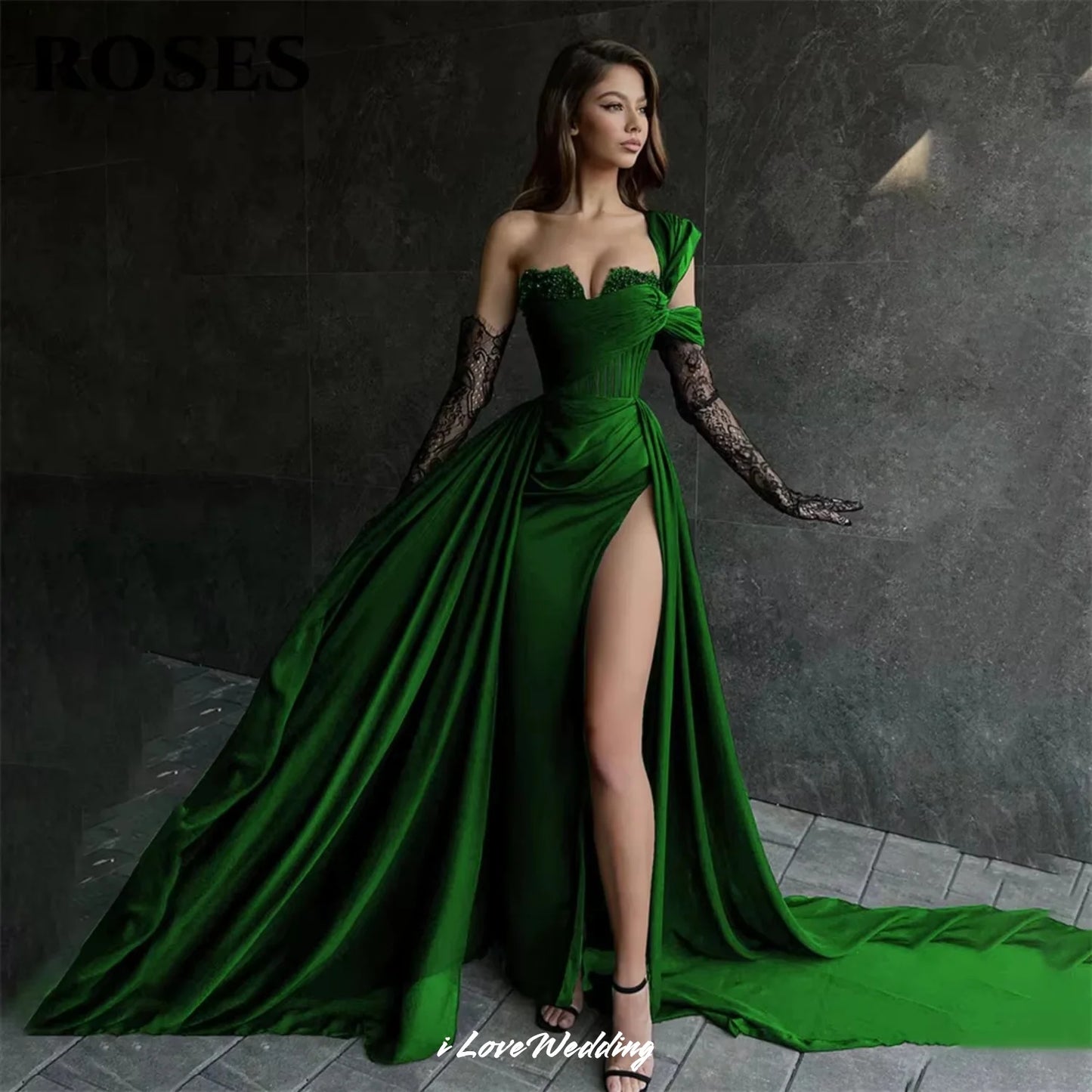 Red Soft Stain Evening Dresses One Shoulder 2025 Prom Dresses Sweetheart Side Split Detachable Lace Sleeve Dress Customized
