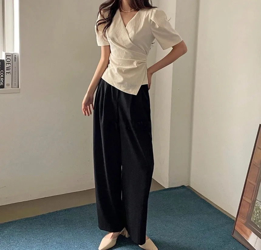 Women Blouse 2026 Spring Summer Solid Tucked V Neck Slim Blouse Elegant Short Sleeve Asymmetrical Top For Women Hot Sale