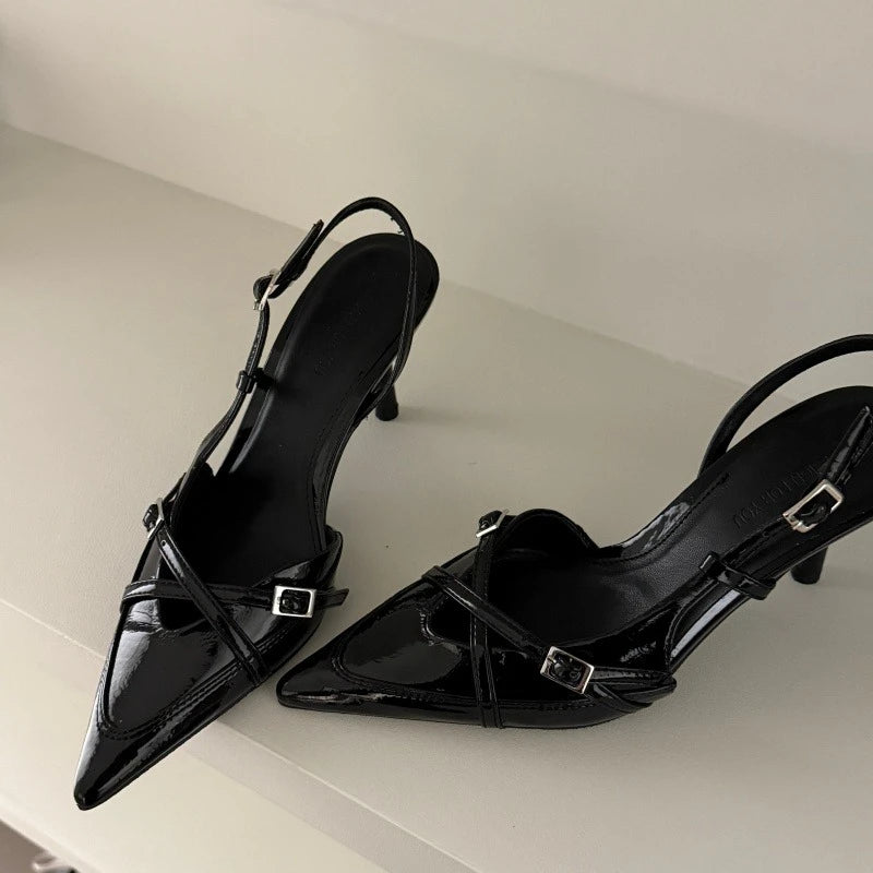 2026 New Women's Sandals Fashionable Buckle Designer Summer Elegant Pointed Toe High Heels Outdoor Banquet Open-Heel Shoes