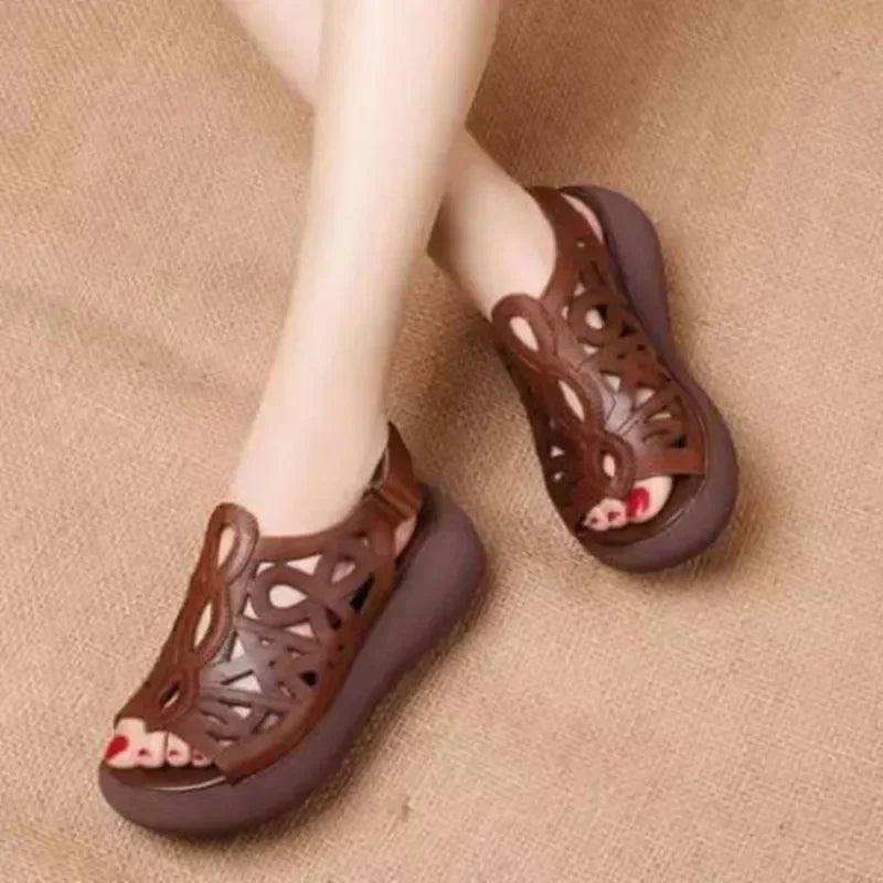 Designer Women Sandals Soft Leather Wedges Shoes for Women Summer Retro Sandals Luxury Casual Shoes Female Heels Wedge Sandalias