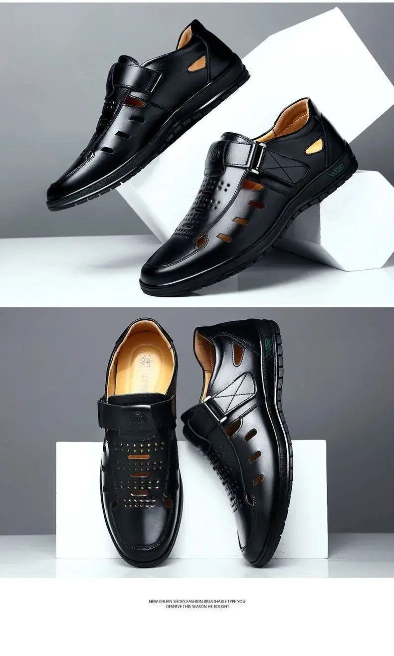 Men Sandals Summer Cozy Hollow Non-slip Soft Cool Lighted Breathable All-match Classic Wearable Fashion Casual Leather Sandals