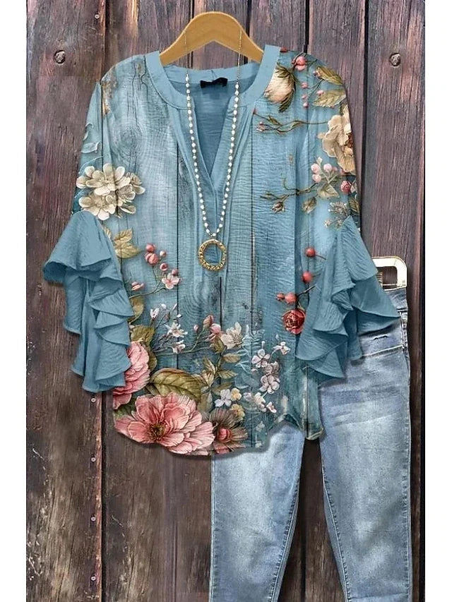 Women's Boho Floral Blouse Ruffle Sleeve Casual Loose Fit Soft Fabric Elegant Shirt for Vacation