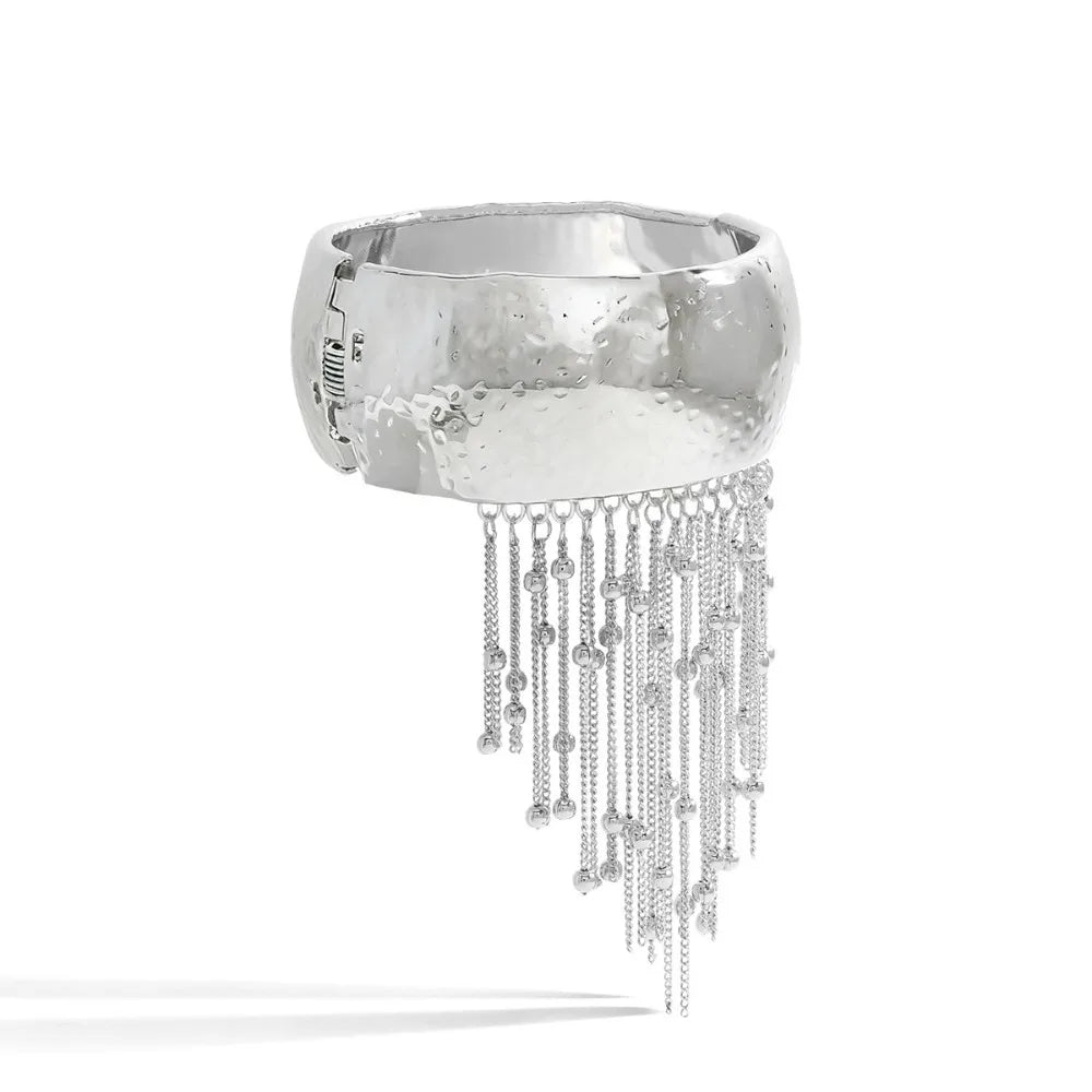 Exaggerated Beads Silver Metal Bangle Tassels Chains Beads Chains Wide Tassels Bracelets Women