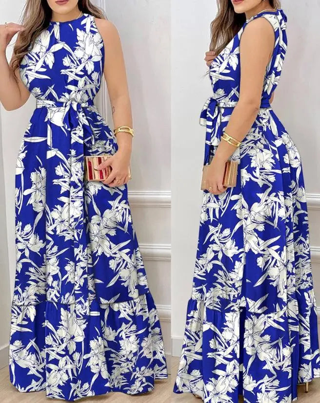 Dresses for Women 2023 Spring Fashion Leaf Print Sleeveless Casual O-Neck Maxi Daily Vacation Dress with Belt