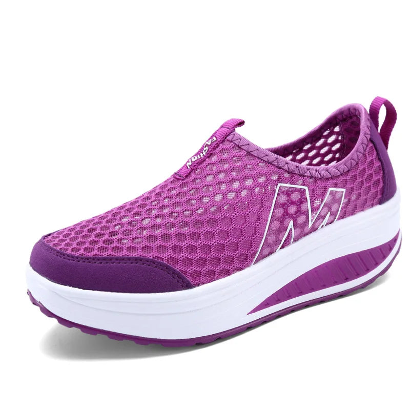 Women Mesh Flat Shoes Sneakers Women Swing Wedge Hollowed Out Slip-on Shoes Women Platform Breathable Lightweigt Vulcanization
