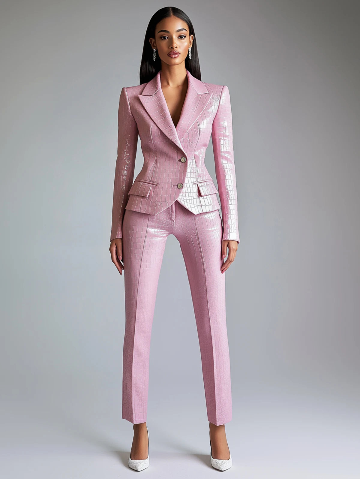 Women Luxurious Alligator Pattern Pu Leather Suit Blazer Pink Single-Breasted Lapel Long Sleeve Slim High Street Business Jacket