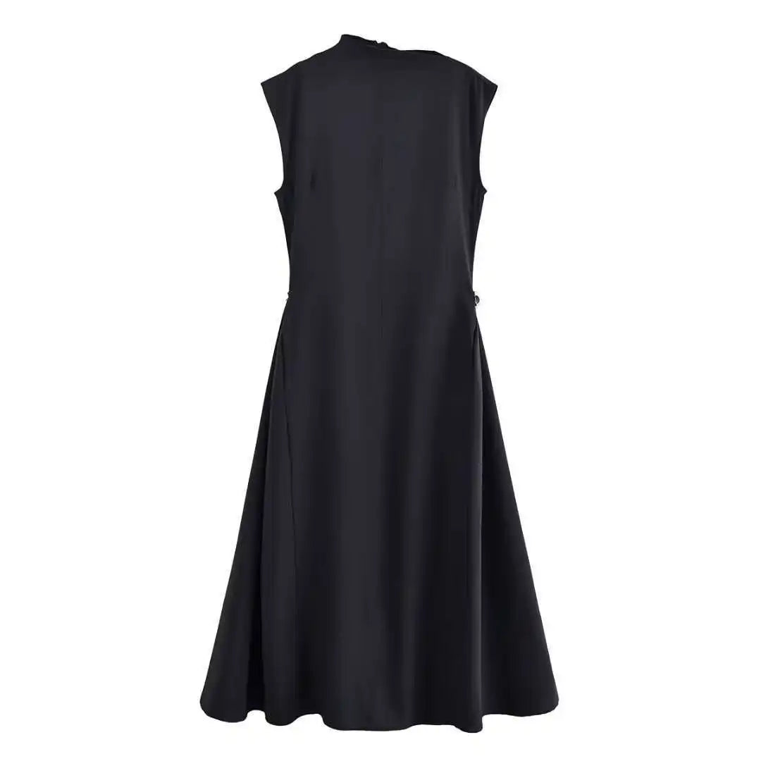 Elegant black long dress women fashion high collar sleeveless pleated dress 2025 spring and summer party ladies evening dress