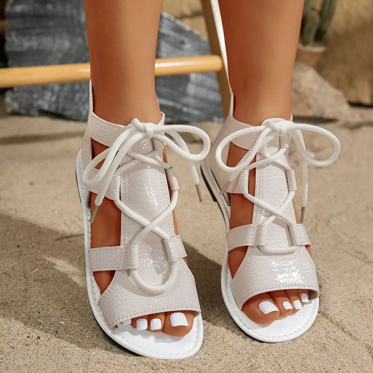 2026 Summer Women's Sandals Black White Non-slip Soft Leather Lace-up Designer Luxury Shoes Fashion Open-toe Sports Sandalias