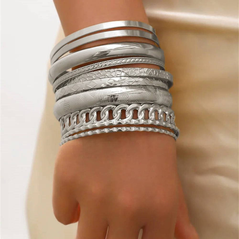 10pcs/set Metal Bangles Set For Women Heavy Punk New Styles Hiphop Textured Fashion Bracelets Jewelry Accessories