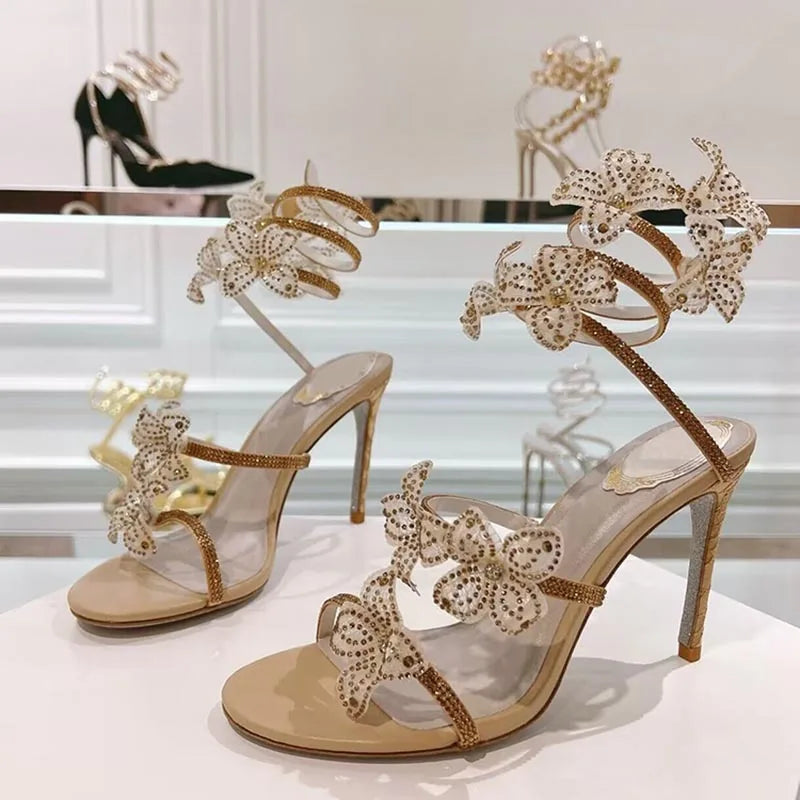 Sandalias Women Rhinestone Flower Decor Dress Shoes Snake Shaped Elastic Strap Thin High Heels Sandals Summer Bridesmaid Shoes