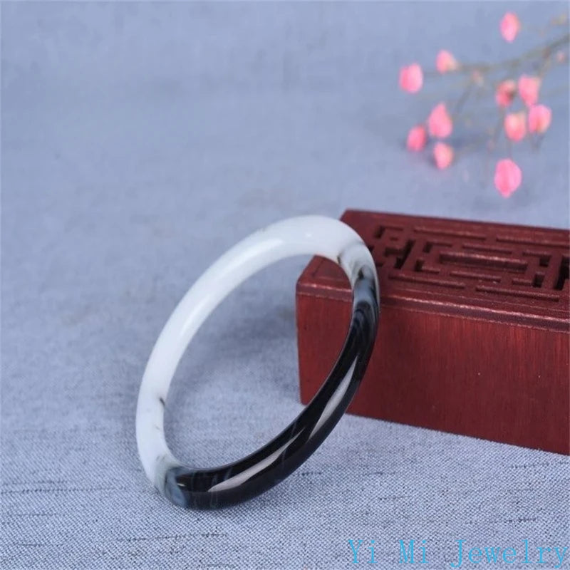 Natural Hetian Jade Bracelet Black White Flowers Charm Fashion Retro Fine Jewelry Elegant Girl Couple Luxury Bangle Holiday Gift