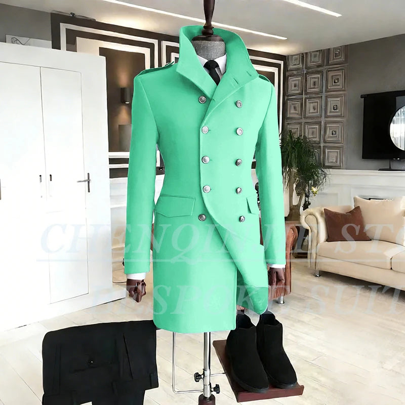 Casual Men's Suits 2 Piece Jacket Pants Grey Double Breasted Stand Lapel Luxury Blazer