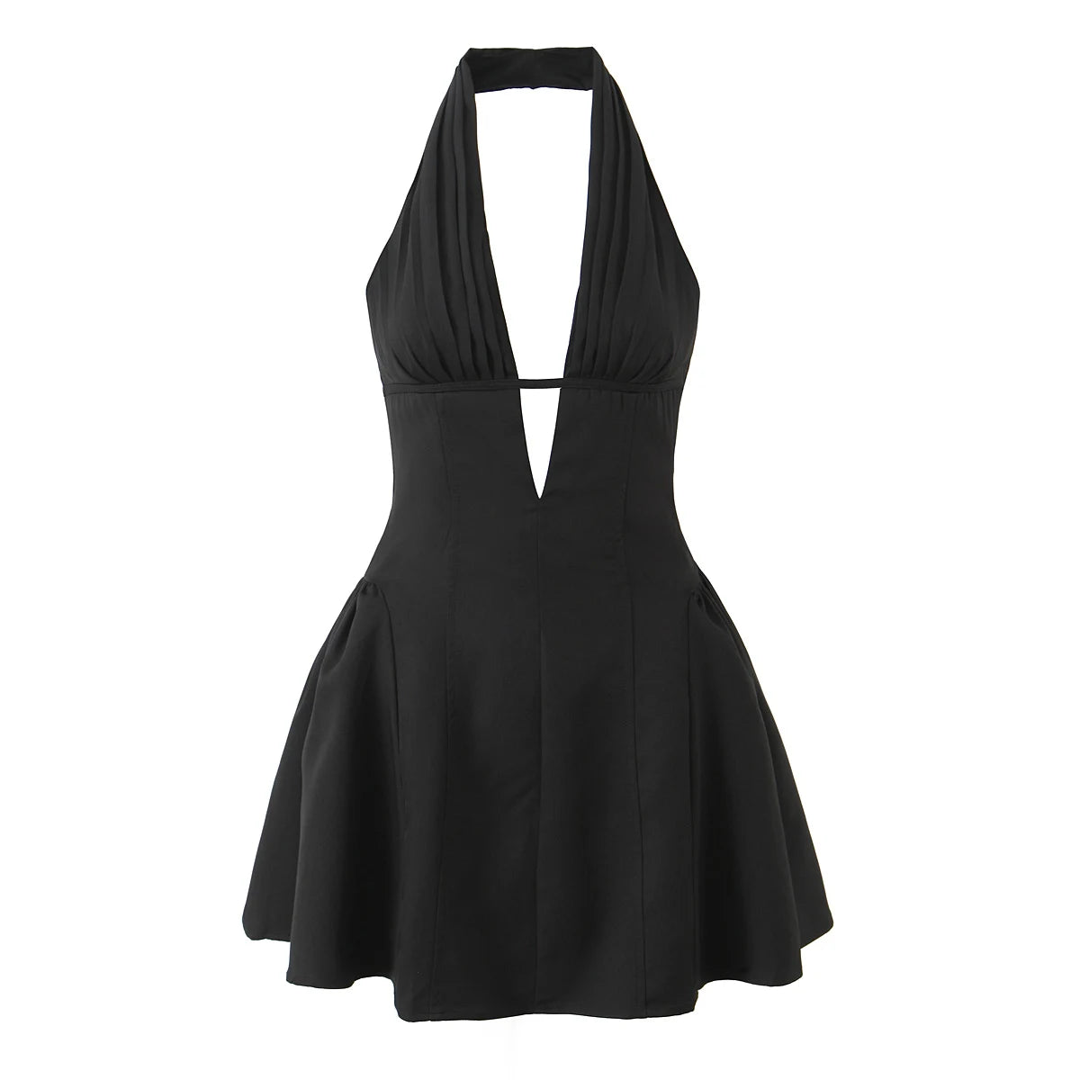 Sexy White Black Pleated Ruched Halter Dress Women Deep V neck Slim Low Waist Swing Ball Gown Short Dresses Robe Femme Vestidos