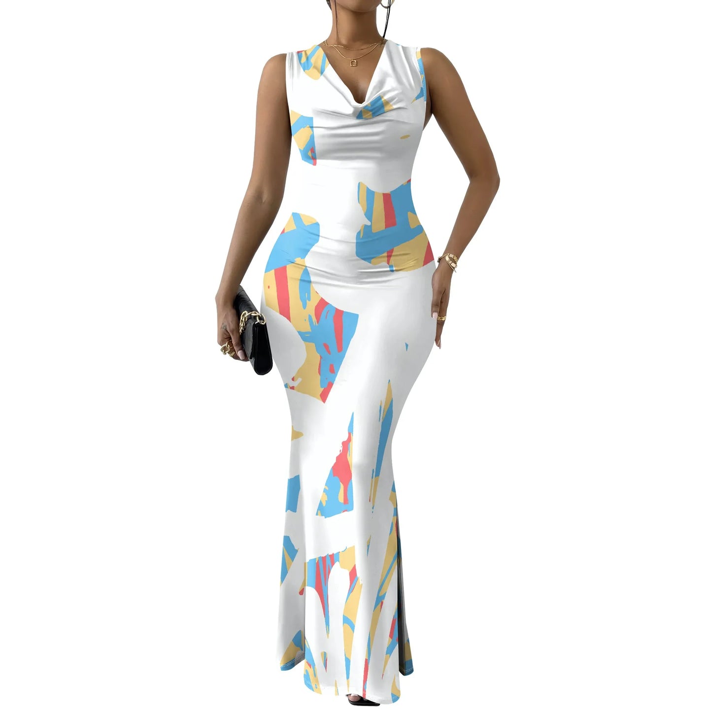 Womens Sexy Casual Dresses Colorful Geometric Off-Shoulder Maxi Dress Artistic Party Evening Resortwear Swing Neck Dress