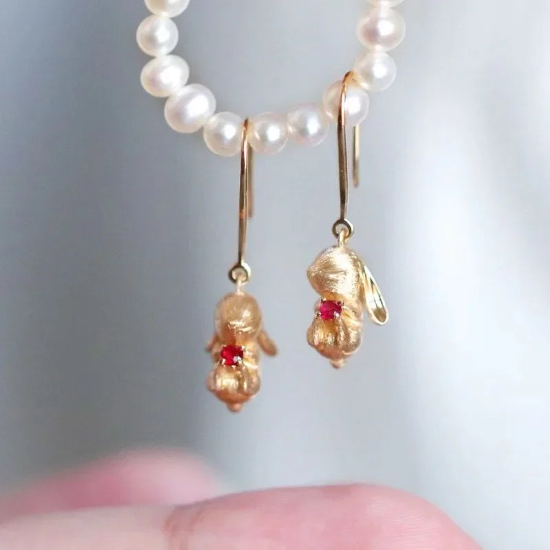 Cute and Exquisite Rabbit Jewelry Sets New in Fun Matte Ancient Gold Craft Earrings for Women Ring Necklace Gifts to Girlfriend