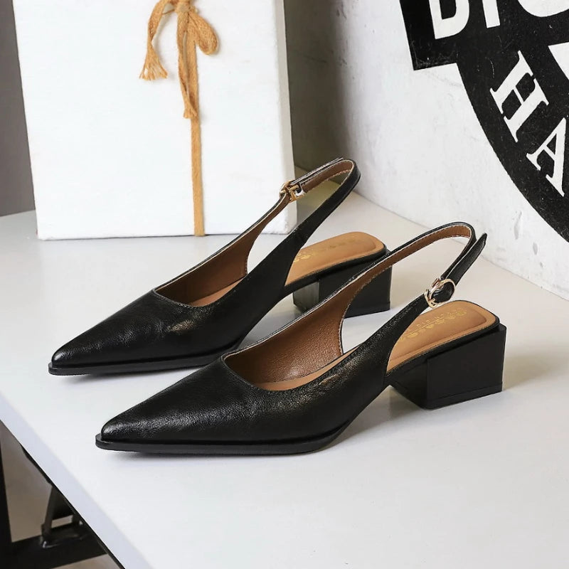 Simple And High-End Women's Shoes With Thick Heels Shallow Mouth Pointed Toe Slim Pedicures With Empty Back Tripping Mid-Heeled