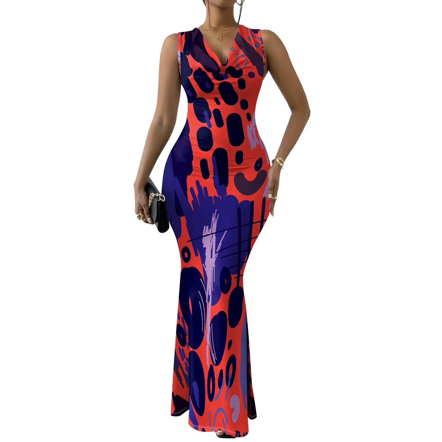 Womens Sexy Casual Dresses Colorful Geometric Off-Shoulder Maxi Dress Artistic Party Evening Resortwear Swing Neck Dress