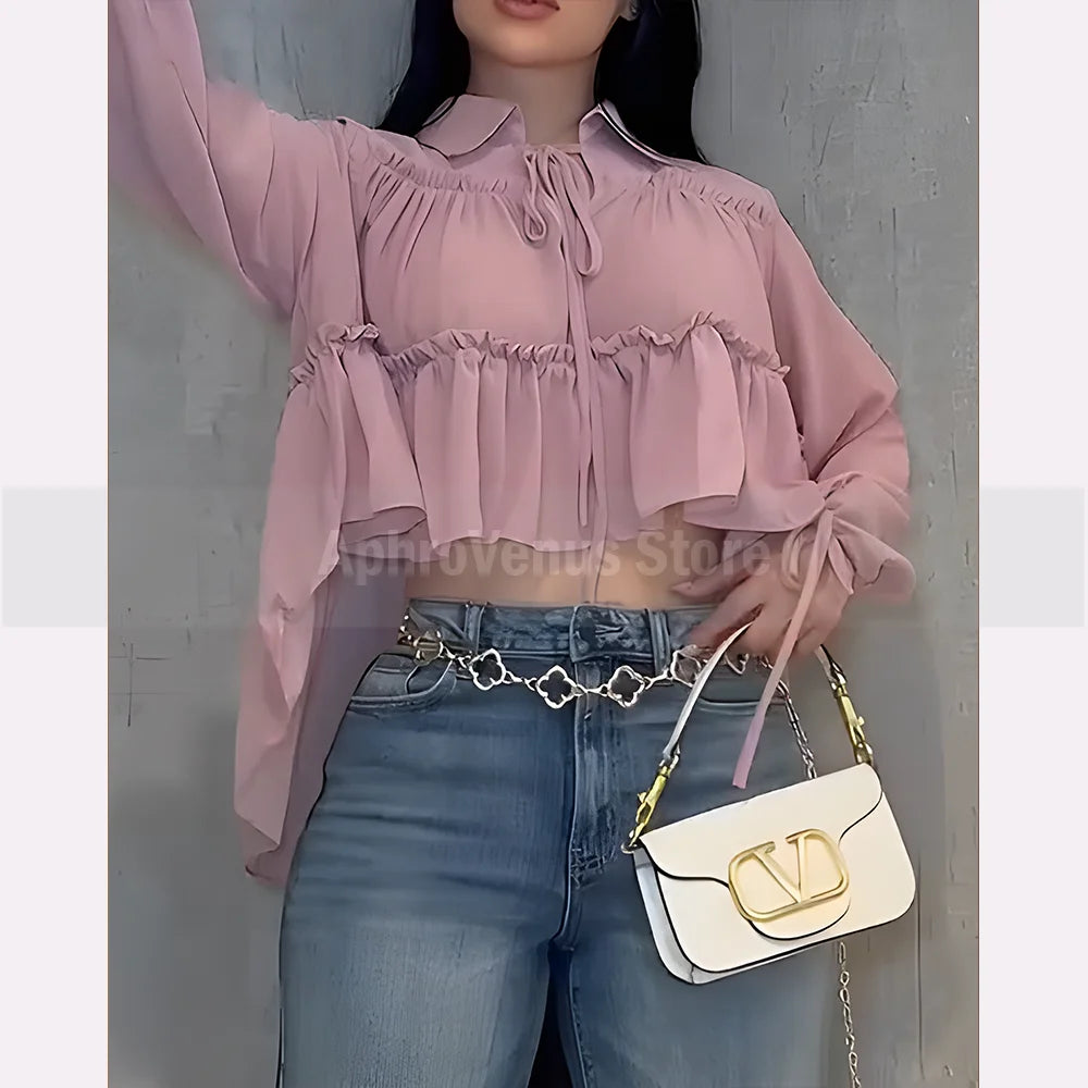 Ruffled Tiered Cropped Blouse for Women – Long Sleeve Collared Tie-Neck Chiffon Top Flowy Asymmetric Hem
