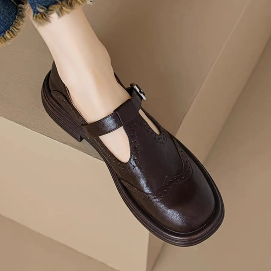 Women's Shoes T Strap Casual Vintage Lambskin Openwork Flower Flat Heel Loafers Women New Shoes Round Head Leisure Daily Shoe