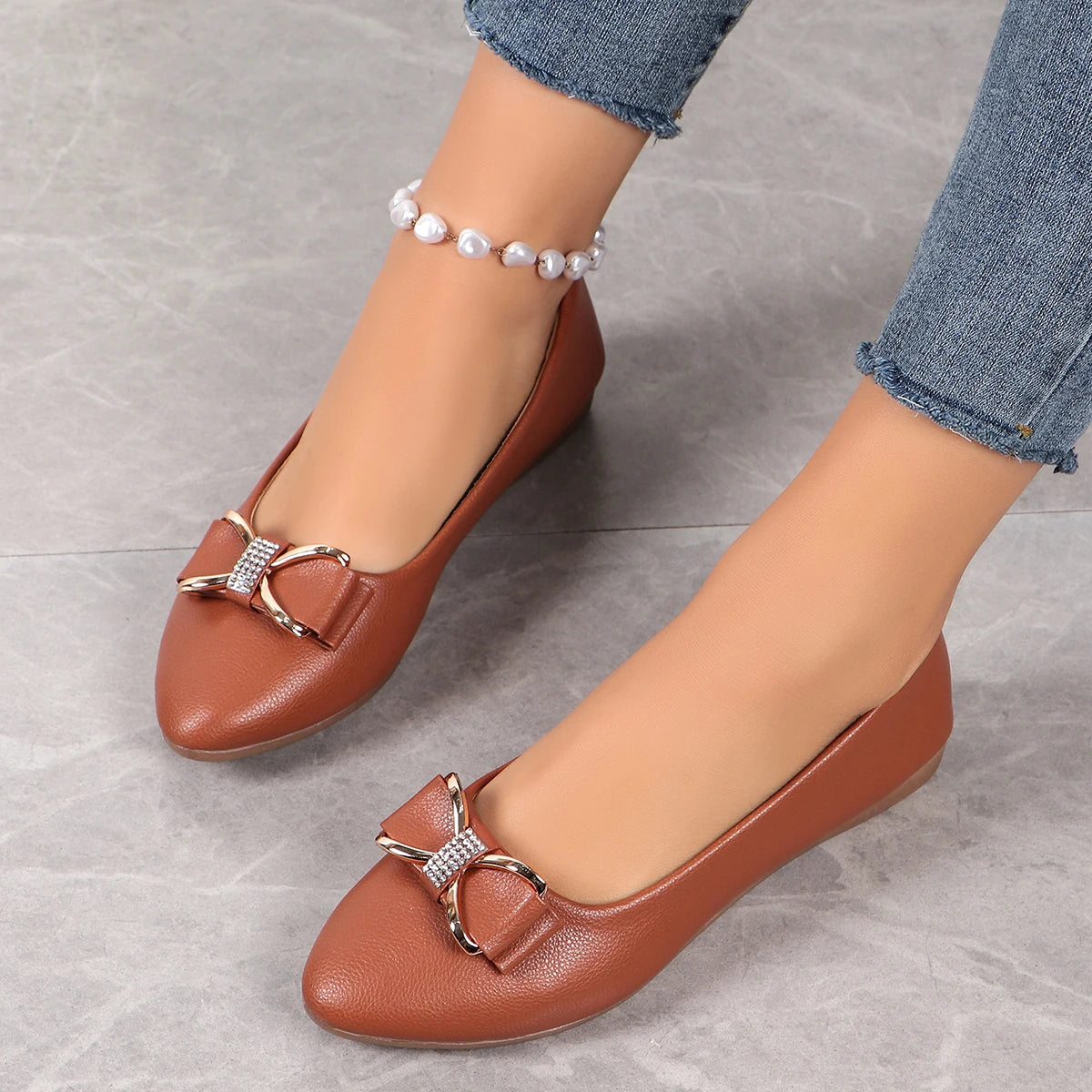 New Women Flats Shoes Ballets Metal Buckle Bow Flat Loafers Women Big Yards Fashion Mary Jane Shoes for Women Zapatos De Mujer
