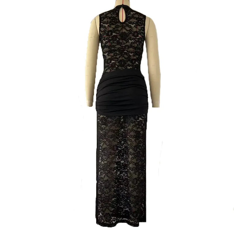 Women Sexy Lace Long Dress Hollow Out Sleeveless High Slit Evening Party Club Dress Vintage Casual Bodycon See Through Vestidos