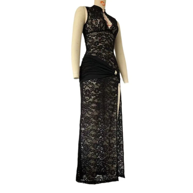 Women Sexy Lace Long Dress Hollow Out Sleeveless High Slit Evening Party Club Dress Vintage Casual Bodycon See Through Vestidos