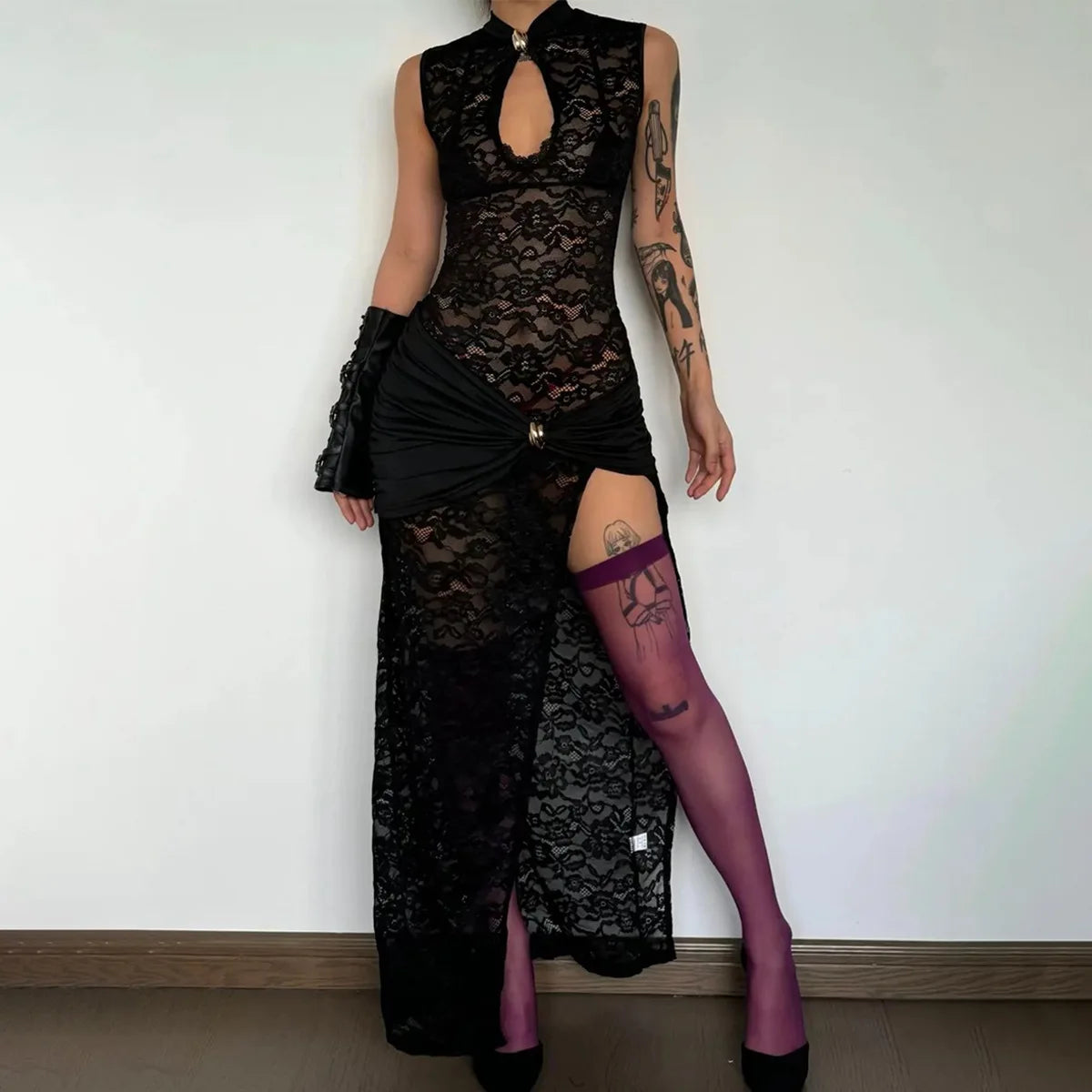 Women Sexy Lace Long Dress Hollow Out Sleeveless High Slit Evening Party Club Dress Vintage Casual Bodycon See Through Vestidos