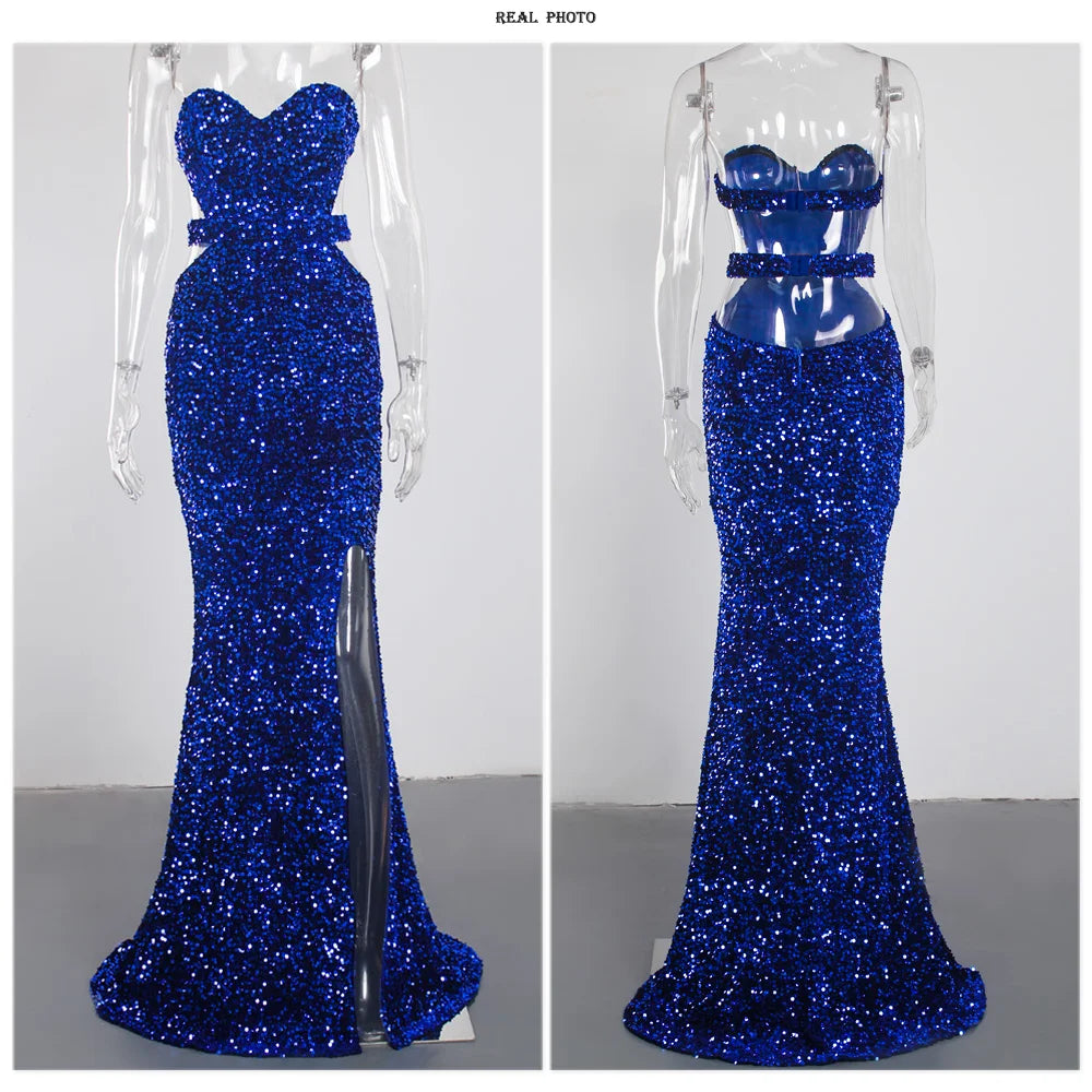 Romagic Sexy Backless Velvet Sequined Sleeveless Stretch Women Dresses Split Strapless Evening Prom Gown Party Dress