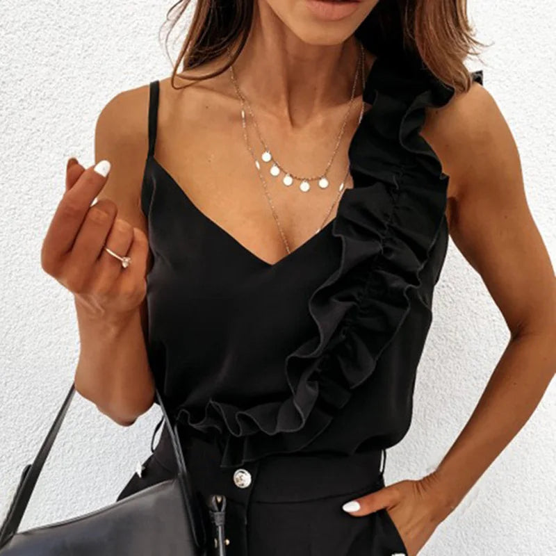 Women Summer Blouse Shirts Sexy V Neck Ruffle Blouses Backless Spaghetti Strap Office Ladies Sleeveless Casual Tops