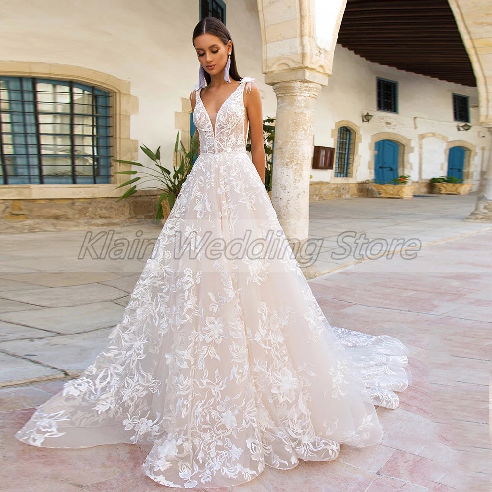 Customized Bridal Gown A-line Tulle Appliques Lace Wedding Dress V-neck Sleeveless Exquisite High Quality Backless Dresses Women