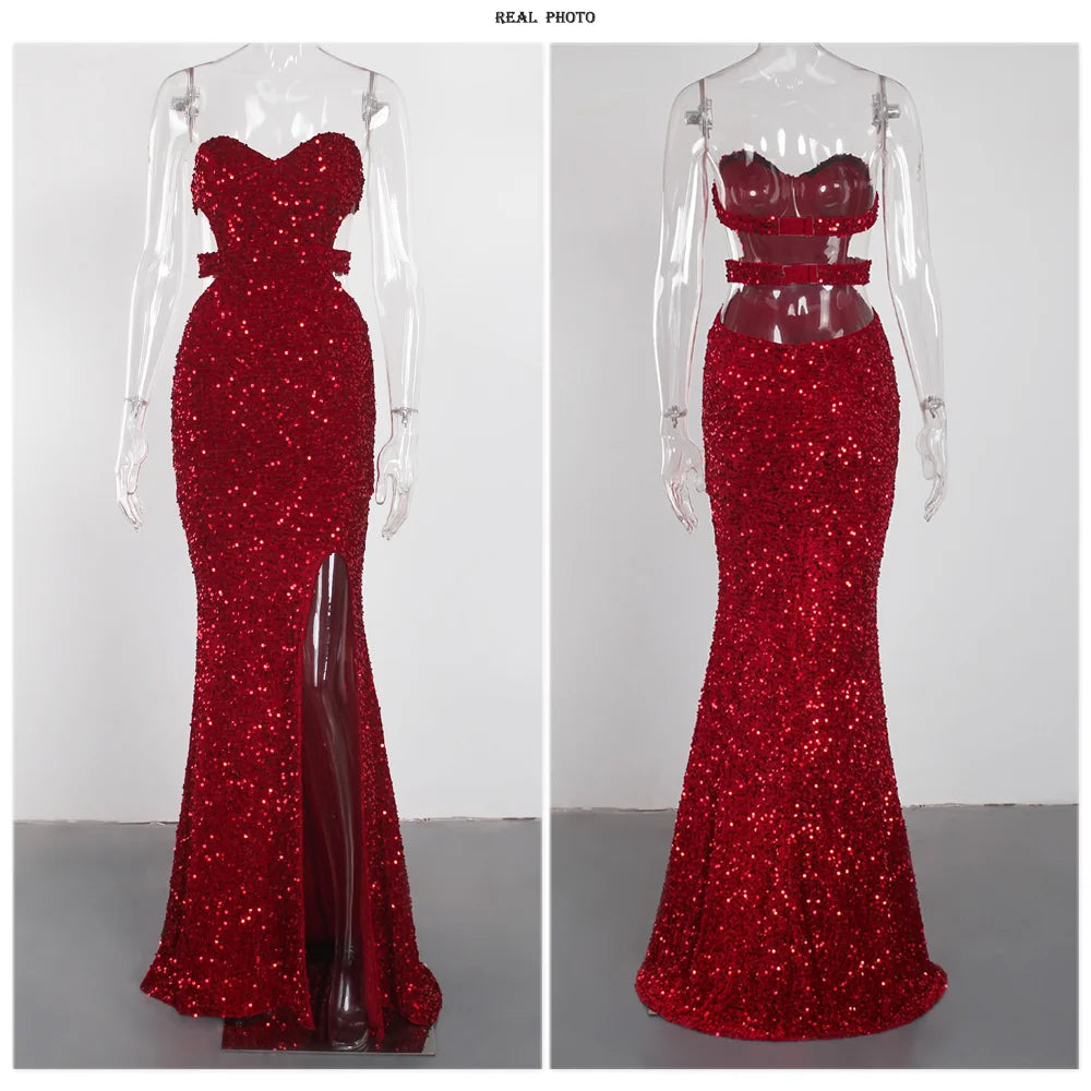 Romagic Sexy Backless Velvet Sequined Sleeveless Stretch Women Dresses Split Strapless Evening Prom Gown Party Dress