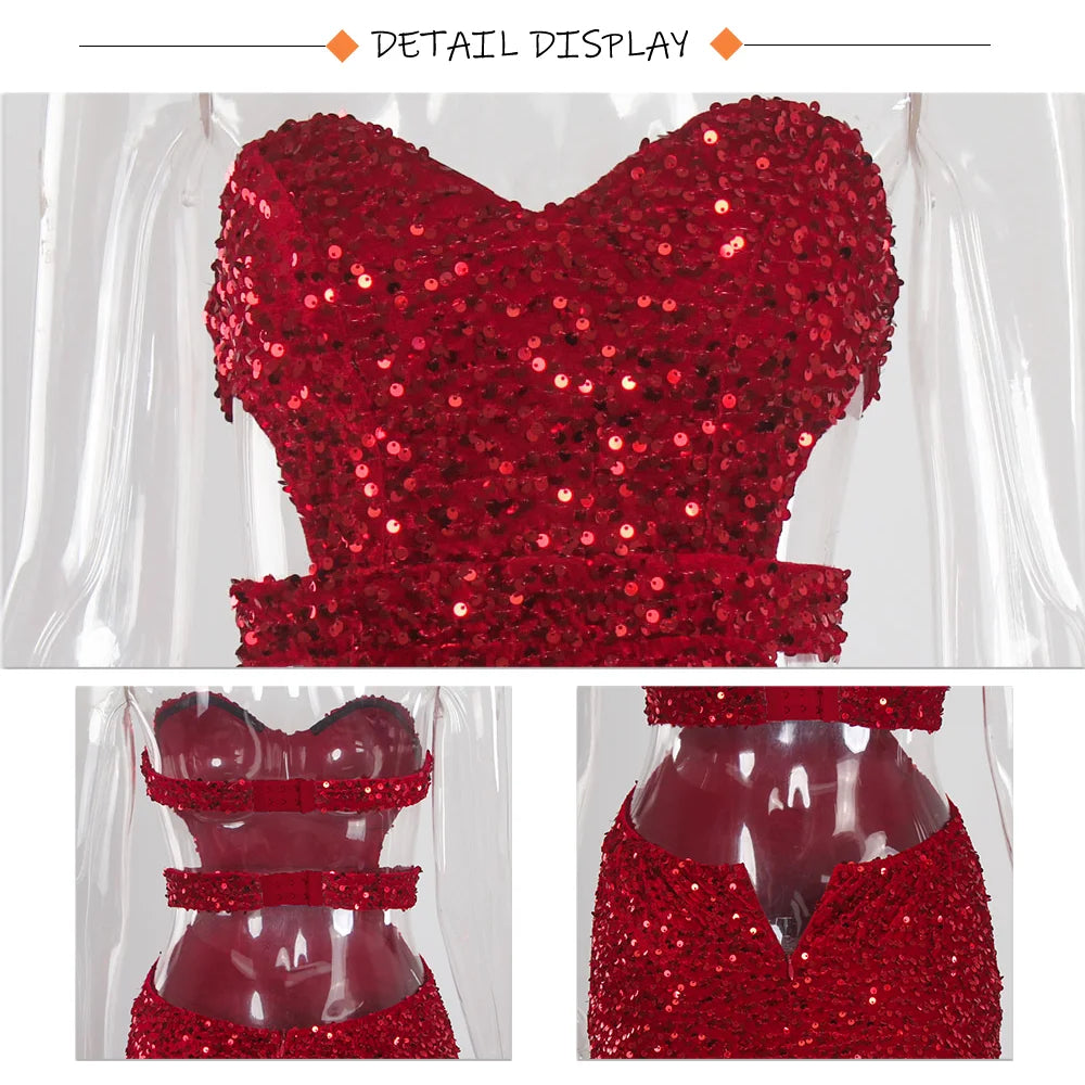 Romagic Sexy Backless Velvet Sequined Sleeveless Stretch Women Dresses Split Strapless Evening Prom Gown Party Dress