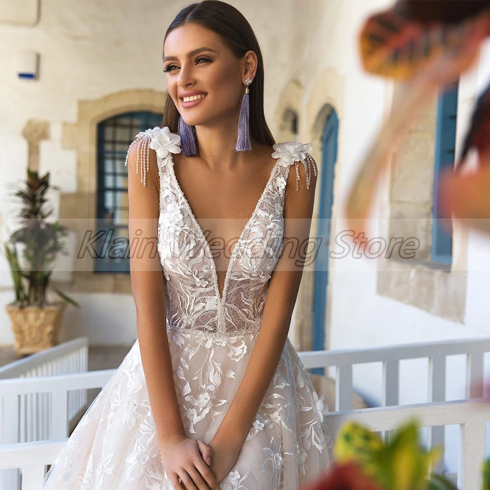 Customized Bridal Gown A-line Tulle Appliques Lace Wedding Dress V-neck Sleeveless Exquisite High Quality Backless Dresses Women